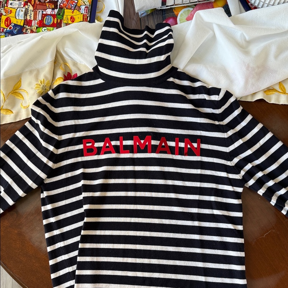 Balmain Black and White Striped Turtleneck with Red Logo